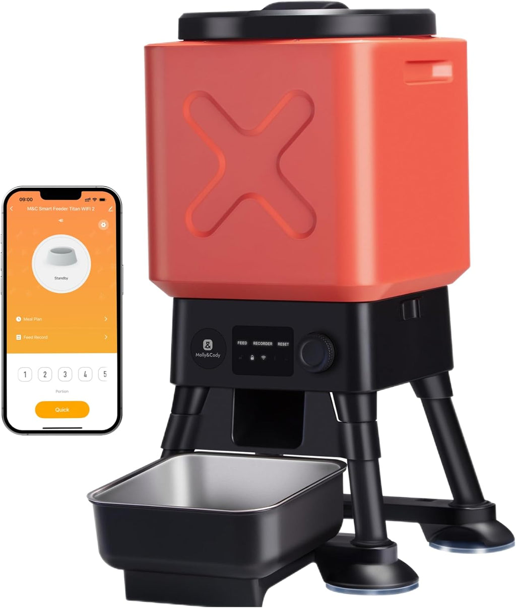 Red and black pet food dispenser with smartphone app interface on a white background