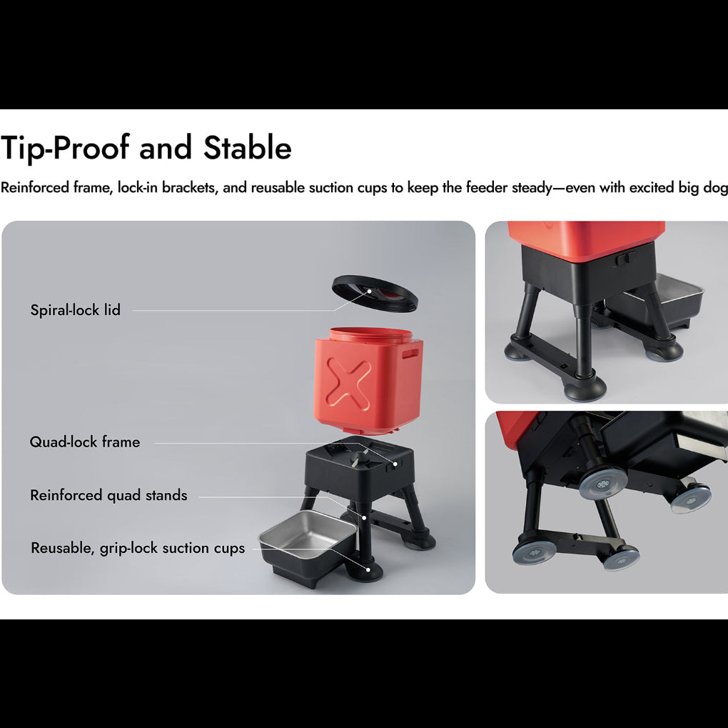 Reinforced frame, lock-in brackets, and reusable suction cups to keep the feeder steady - even with excited big dogs